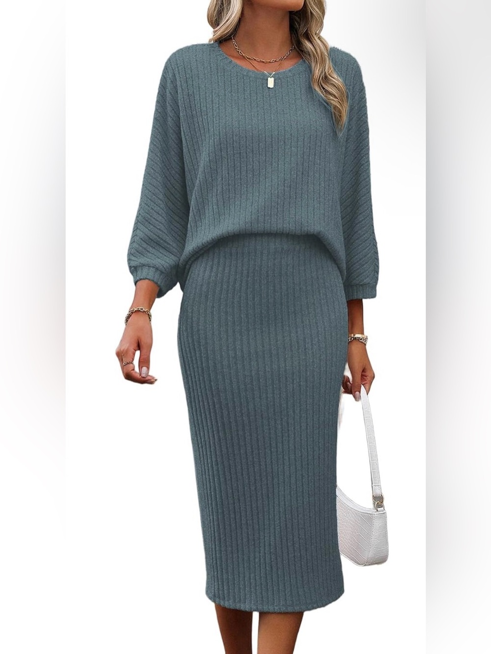 Ribbed Knit Two-Piece Sweater Set in Slate Blue